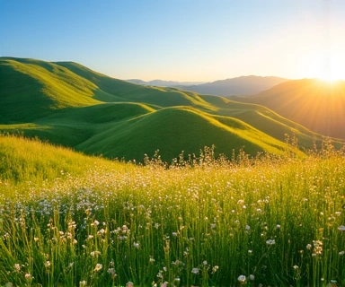 Serene natural landscape with rolling hills and wildflowers