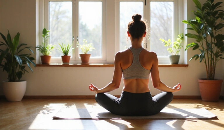 Person practicing yoga and meditation for stress relief and wellness with morning sunlight