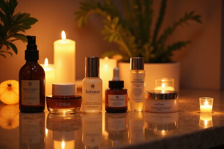 Evening skincare routine with luxury night cream and treatment products in warm lighting